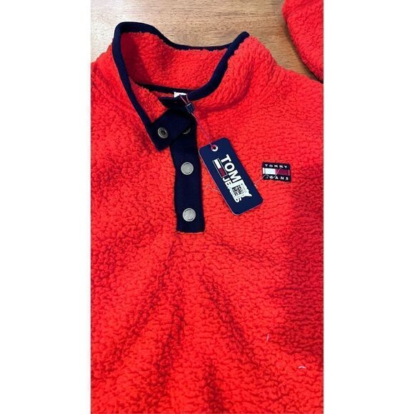 TOMMY JEANS RED FLEECE BLACK TRIM SWEATER PULLOVER TOP JACKET WOMENS SZ XL P1-26 - Picture 4 of 12